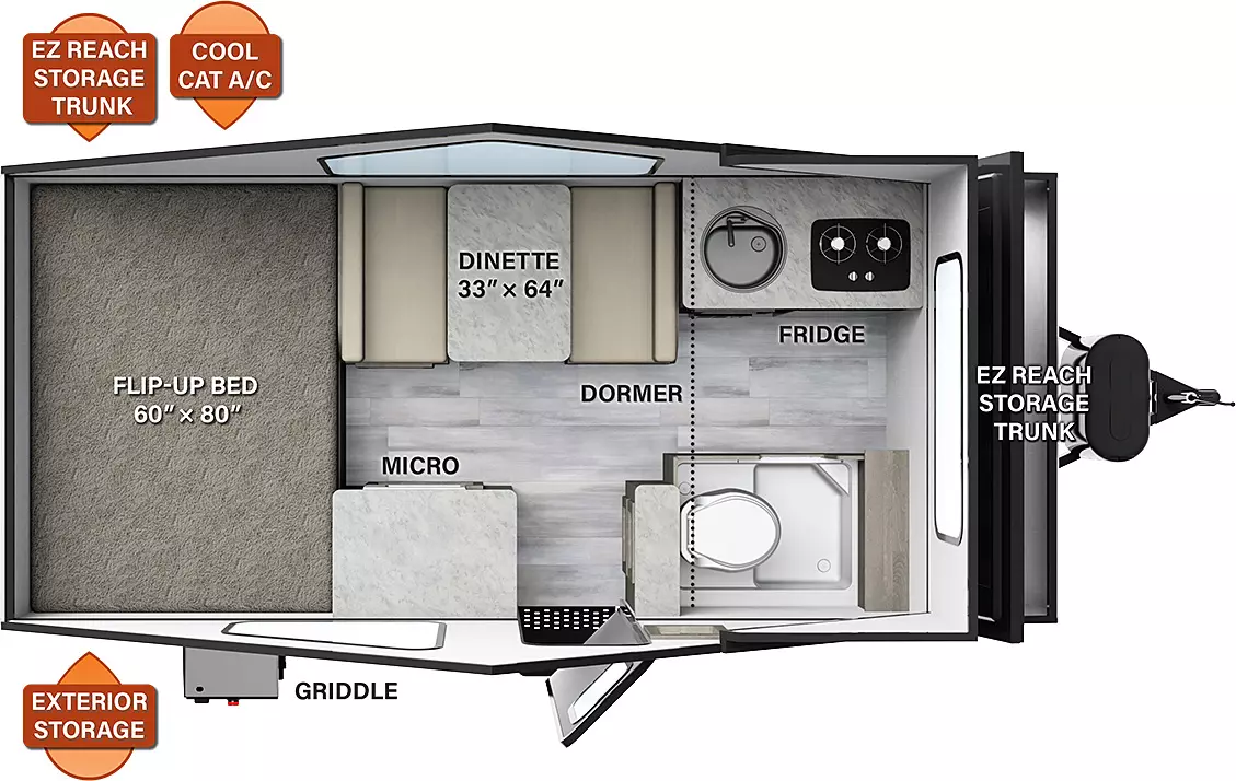 The A214HW has no slide outs and one entry door. Exterior features include a griddle on the door side, EZ reach storage trunks, Cool Cat A/C, and exterior storage. Interior layout from front to back: dormer containing door side toilet and off-door side kitchen area with a refrigerator, sink, and cooktop; mid off-door side dinette, and door side cabinet with microwave next to entry door; rear flip-up bed.