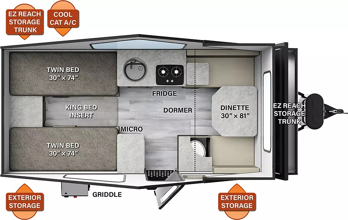 The T21DMHW has no slide outs and one entry door. Exterior features include a griddle on the door side, EZ reach storage trunks, Cool Cat A/C, and exterior storage. Interior layout from front to back: front dormer containing a dinette; mid area has a door side toilet, entry door and cabinet with microwave, and off-door side kitchen area with a refrigerator, sink, and cooktop; rear twin beds with a king bed insert.