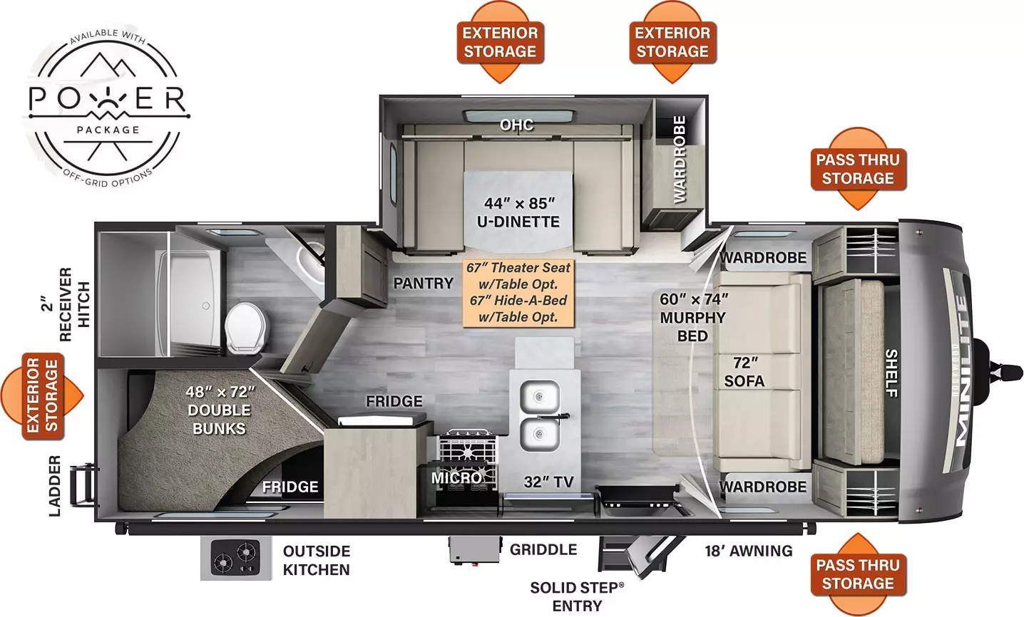 The 2509S has one slide out on the off-door side, along with one entry door. Exterior features include an 18 foot awning, pass thru storage, exterior storage, and an outside kitchen. Interior layout from front to back: front bedroom with murphy bed/sofa, shelf, and wards; slide out containing U-dinette; kitchen living area with entertainment center, double sinks, stove, microwave, and a community refrigerator; double bunk beds and bathroom in the rear. 