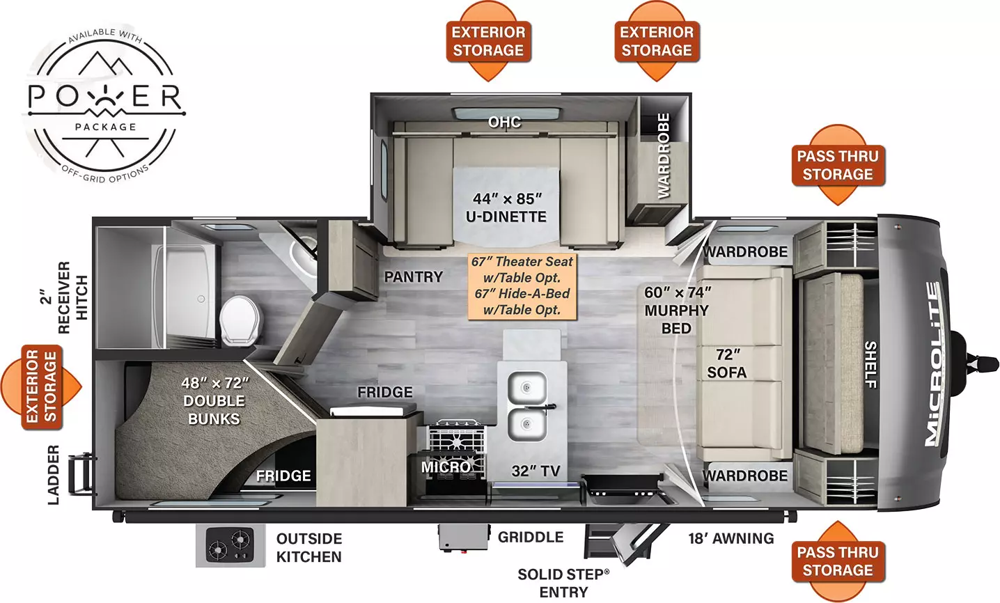 The 25BRDS has one slide out on the off-door side, along with one entry door. Exterior features include an 18 foot awning, front pass thru storage, off-door side exterior storage, outside kitchen, griddle, rear ladder, rear exterior storage, and 2 inch receiver hitch. Interior layout from front to back: front bedroom with murphy bed/sofa, shelf, and wardrobes on either side; off-door side slide out containing U-dinette (theater seating or hide-a-bed optional), overhead cabinets, and wardrobe; kitchen living area with TV, double sinks, stove, microwave, refrigerator and pantry; double bunk beds and bathroom in the rear. 