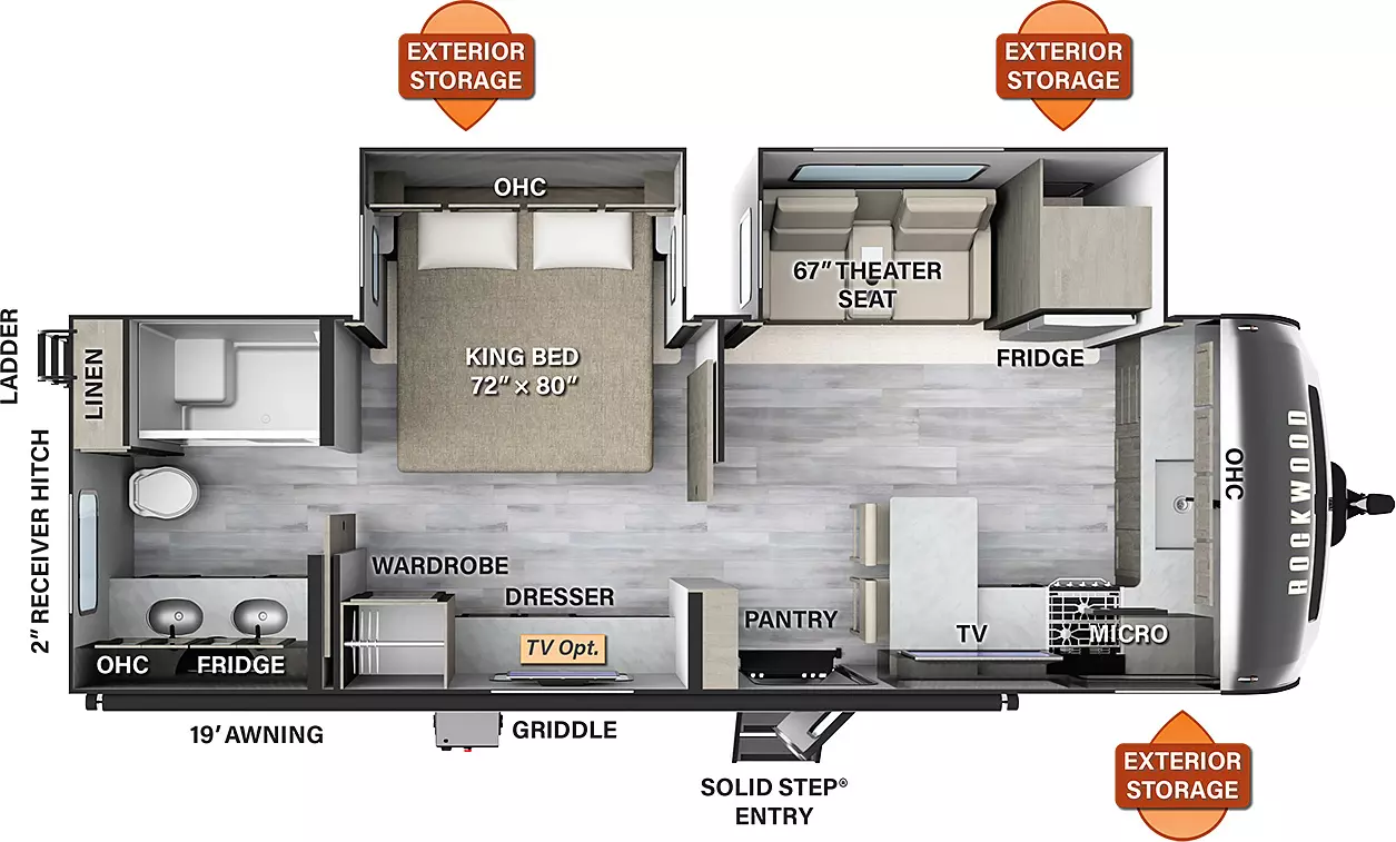 The 8263MBR has two slides outs on the off door side along with one entry door. Exterior features include one 19 foot awning, exterior storage, griddle, rear ladder, and 2 inch receiver hitch. Interior layout from front to back: front kitchen with sink, countertop and overhead cabinets along front wall, door side microwave, cooktop, eat in kitchen with bar stools and TV above, and entry door; off door side slide out contains theater seating and refrigerator; sliding door leads to bedroom with off door side king bed slide out and door side dresser and wardrobe (optional TV); sliding door leads to rear full bathroom with a residential walk in shower and to vanity sinks on the door side in the rear bath.