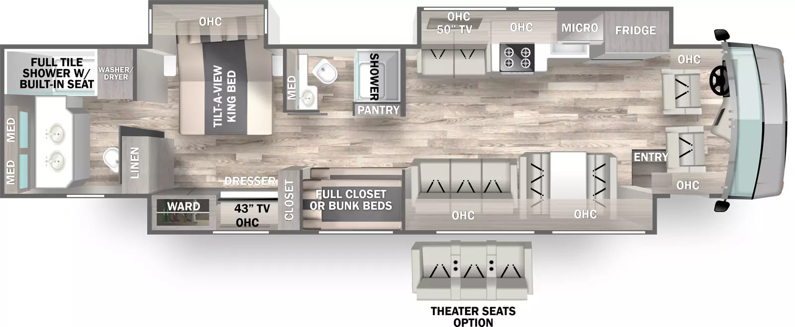 The 45D has 3 slide outs, 2 on the off-door side and 1 full wall slide on the door side, and 1 entry door. Interior layout from front to back includes a front cockpit with opposing side overhead cabinets; off-door side slide out holding a love seat, 50 inch TV, overhead cabinets, stovetop, overhead microwave, sink and refrigerator; door-side full wall slide out holding a wardrobe, dresser with 43 inch TV, closet, full closet or bunk beds, sofa with theater seat option, overhead cabinets and a dinette; off-door side bathroom across from the bunk beds with a vanity, medicine cabinet, toilet and shower; bedroom with tilt-a-view king bed in the off-door side slide out, overhead cabinet over the head of the bed, linen storage; rear bathroom with double medicine cabinets and double sinks, toilet, full tile shower with built-in seat and washer/dryer.