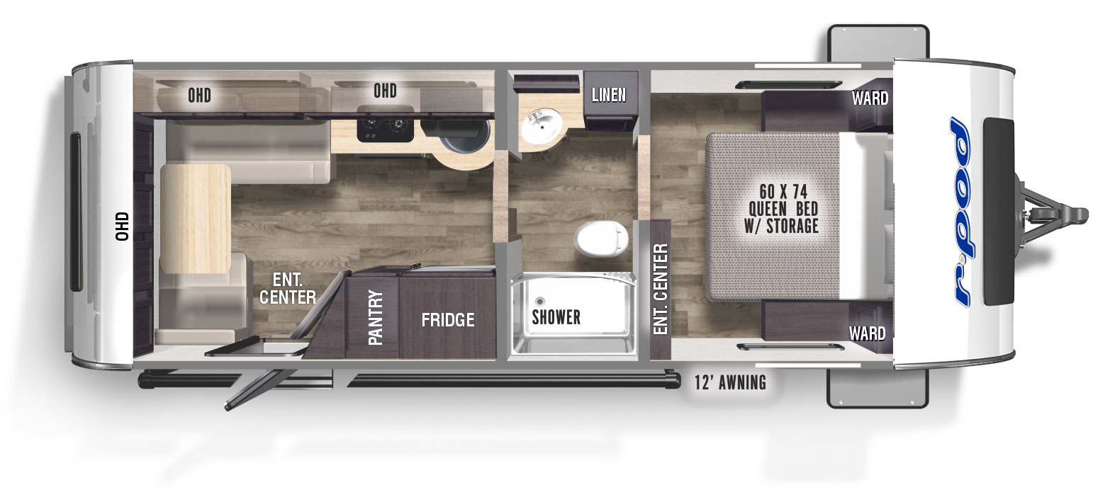 The RP-201 has zero slideout and one entry door. Exterior features a 12 foot awning and storage. Interior layout front to back: queen bed with storage, wardrobes on each side and entertainment center; pass through split full bathroom with linen closet;  off-door side kitchen counter, overhead cabinet and seating; door side refrigerator, pantry, angled entertainment center, and entry door; rear seat and table and overhead cabinet.