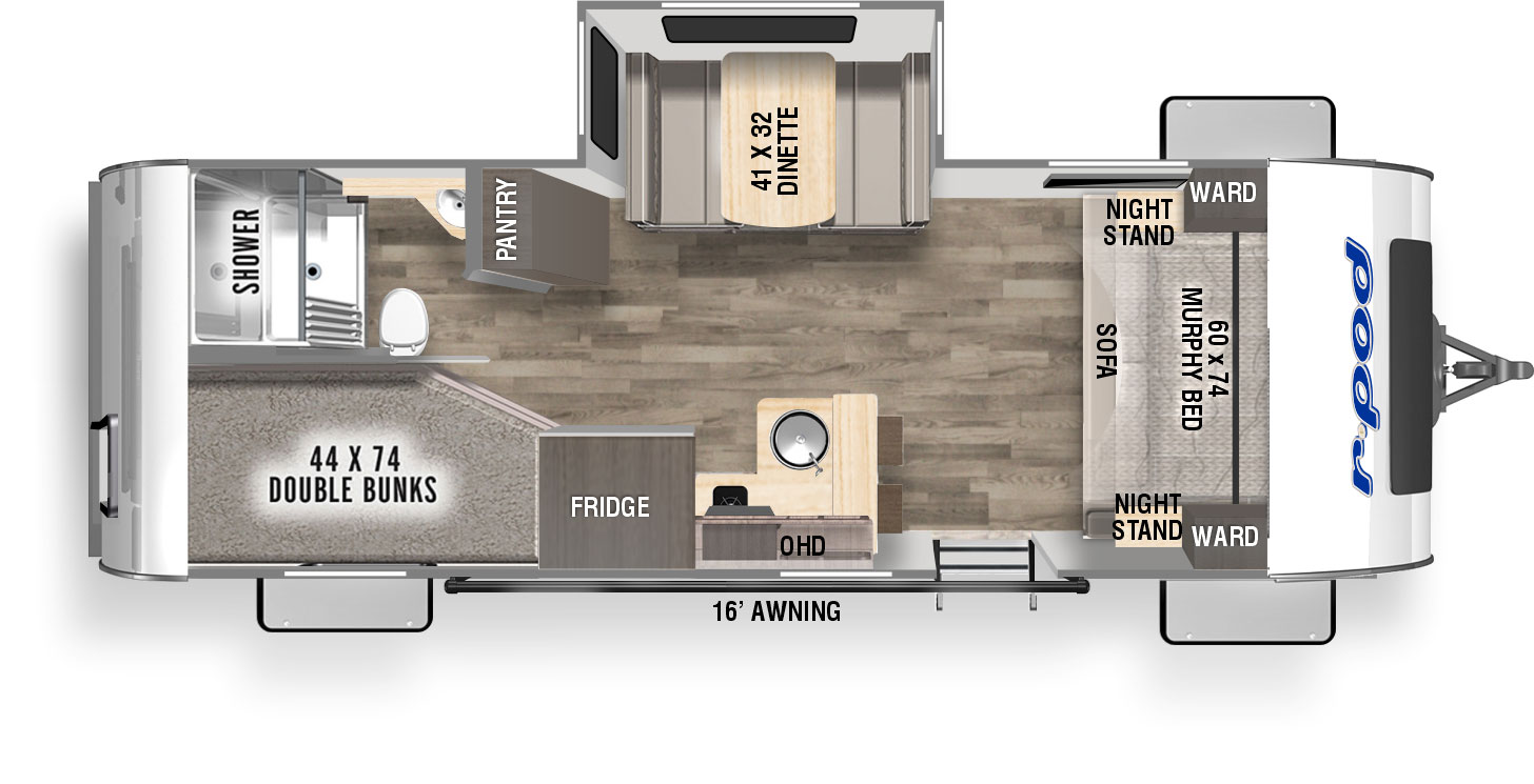 The RP-203 has one slideout and one entry. Exterior features a 16 foot awning and storage. Interior layout front to back: murphy bed/sofa; off-door side slideout with dinette; door side entry, peninsula kitchen counter with sink and barstools that wraps to door side with overhead cabinet and refrigerator; off-door side pantry; rear door side double bunks; rear off-door side full bathroom.