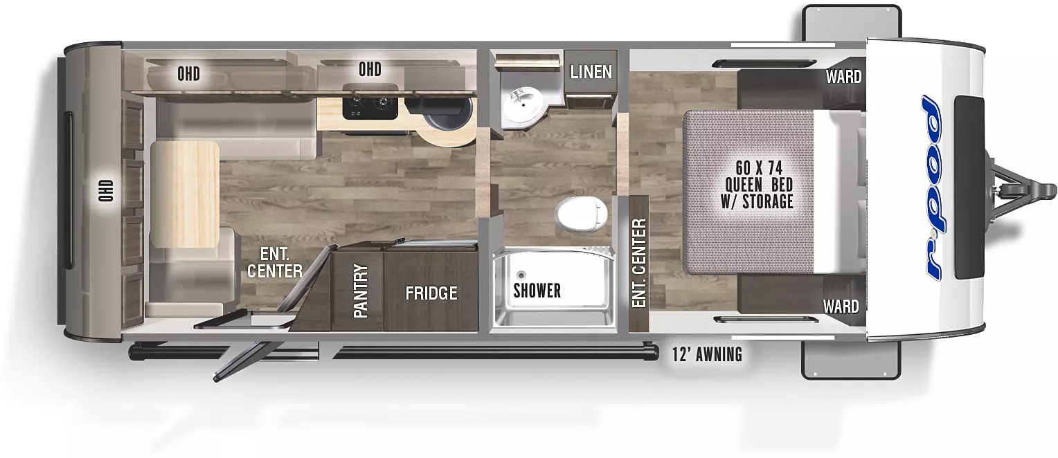 The RP-201 has zero slideout and one entry door. Exterior features a 12 foot awning and storage. Interior layout front to back: queen bed with storage, wardrobes on each side and entertainment center; pass through split full bathroom with linen closet;  off-door side kitchen counter, overhead cabinet and seating; door side refrigerator, pantry, angled entertainment center, and entry door; rear seat and table and overhead cabinet.