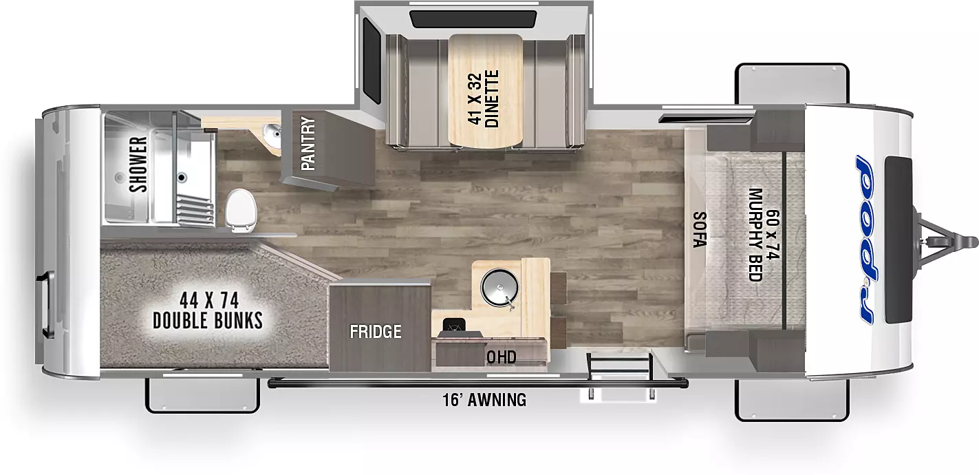 The RP-203 has one slideout and one entry. Exterior features a 16 foot awning and storage. Interior layout front to back: murphy bed/sofa; off-door side slideout with dinette; door side entry, peninsula kitchen counter with sink and barstools that wraps to door side with overhead cabinet and refrigerator; off-door side pantry; rear door side double bunks; rear off-door side full bathroom.