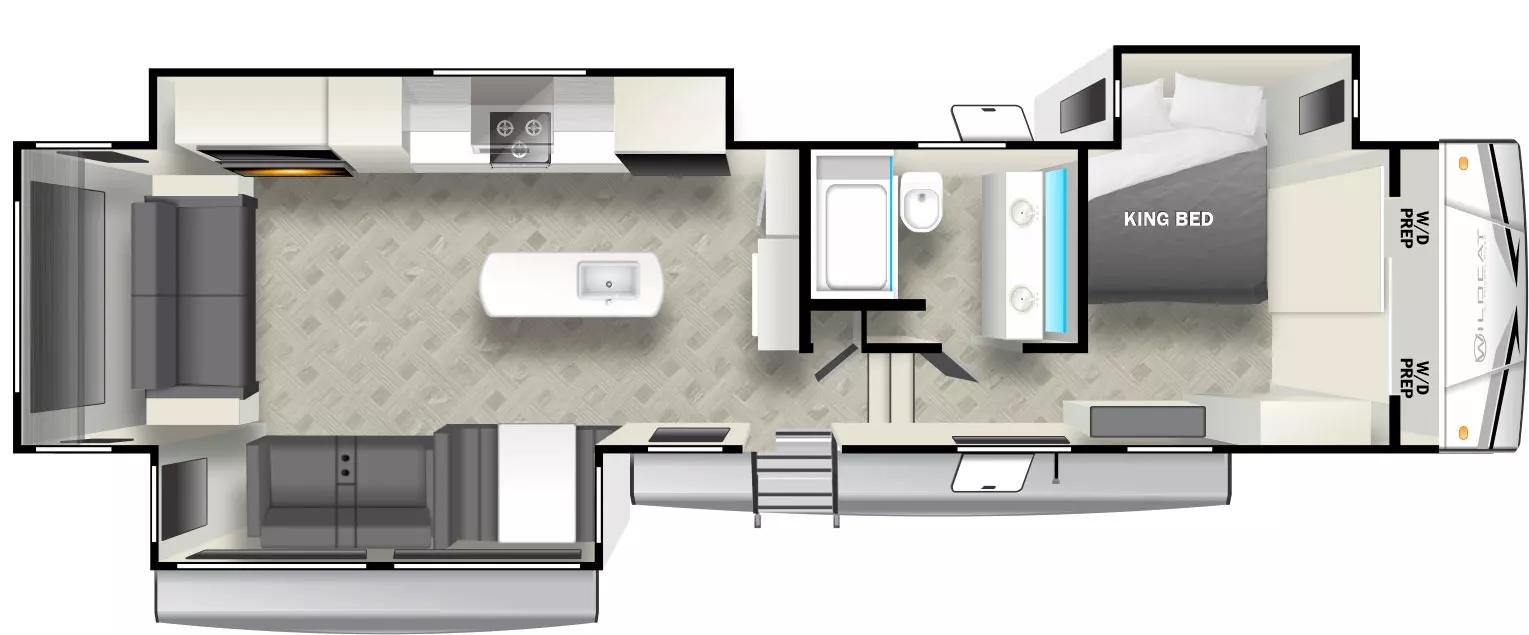 The 363DVW has 3 slideouts, 2 on the off-door side and 1 on the door side. Exterior features include 2 awnings, exterior storage and 1 entry door. Interior layout from front to back includes: front bedroom with king bed in an off-door slide out and a closet with washer/dryer prep; off-door side bathroom with double vanity; down 2 steps into kitchen/living area; kitchen island with sink; off-door side slide out holding an entertainment center, fireplace, stovetop, overhead microwave and refrigerator; door-side slide out holding seating and dinette; sofa on the rear wall.