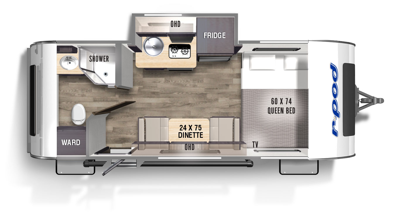 The RP180 has one slide out on the off door side. With one entry door on the road side. This unit features a TV, 2 burner cooktop, refrigerator, furnace, air conditioner, convection microwave, central vac, and overhead cabinets for storage. The kitchen provides countertop space & a deep bowl stainless steel sink.This unit provides a rear bathroom with wardrobe/pantry, angled corner shower, sink with medicine cabinet, and commode. A 60" x 74" queen bed is located in the front and is situated across the front wall.