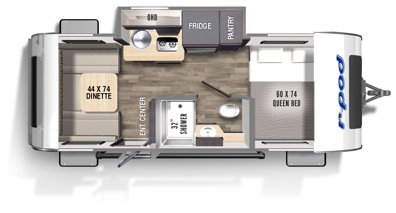 The RP190 has one entry door located near the rear, front storage compartment, rear pass-through storage, and one slide room on the off-door side on the exterior. Customers can choose the R-dome or a 10' awning. Inside, there is a 60" x 74" queen bed located across the front wall. Looking toward the rear of the vehicle, you have a kitchen slideout on the right wall, with a wardrobe, refrigerator, cooktop, convection microwave, and single basin sink, with cabinets mounted overhead. On the left wall is the bathroom containing a 32" shower, sink with medicine cabinet, and commode. Next to the bathroom is an entertainment center that faces the rear wall. A 44" x 74" U-shaped dinette is located in the back of the unit.