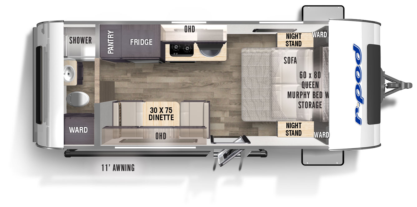 The RP-192 has zero slideouts and one entry. Exterior features an 11 foot awning. Interior layout front to back: front queen murphy bed sofa with nightstands and wardrobes on each side, off-door side kitchen counter with sink, cooktop, and overhead cabinet, refrigerator and pantry, door side entry, dinette and over head cabinet, and rear full bathroom with wardrobe.