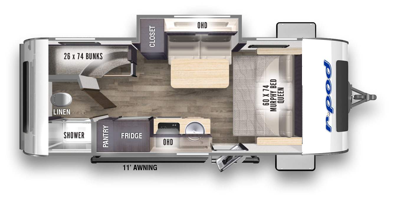 The RP193 has one entry door, front pass-through storage, a slide room on the off-door side, and a 10' awning on the exterior. Inside, there is a 60" x 74" murphy-type folding bed at the front of the unit, with a sofa beneath. Looking toward the rear of the unit, you have a slideout on the right-hand wall with theater seats, a closet, and overhead cabinets. A removable dining table can be placed in front of the seating. The kitchen is located along the left wall, with a single basin sink, cooktop, convection microwave, refrigerator, pantry, and overhead cabinets. The left rear corner contains the bathroom, with shower, linen cabinet, and commode. The right rear corner is a bunk room with two 26" x 74" bunks.