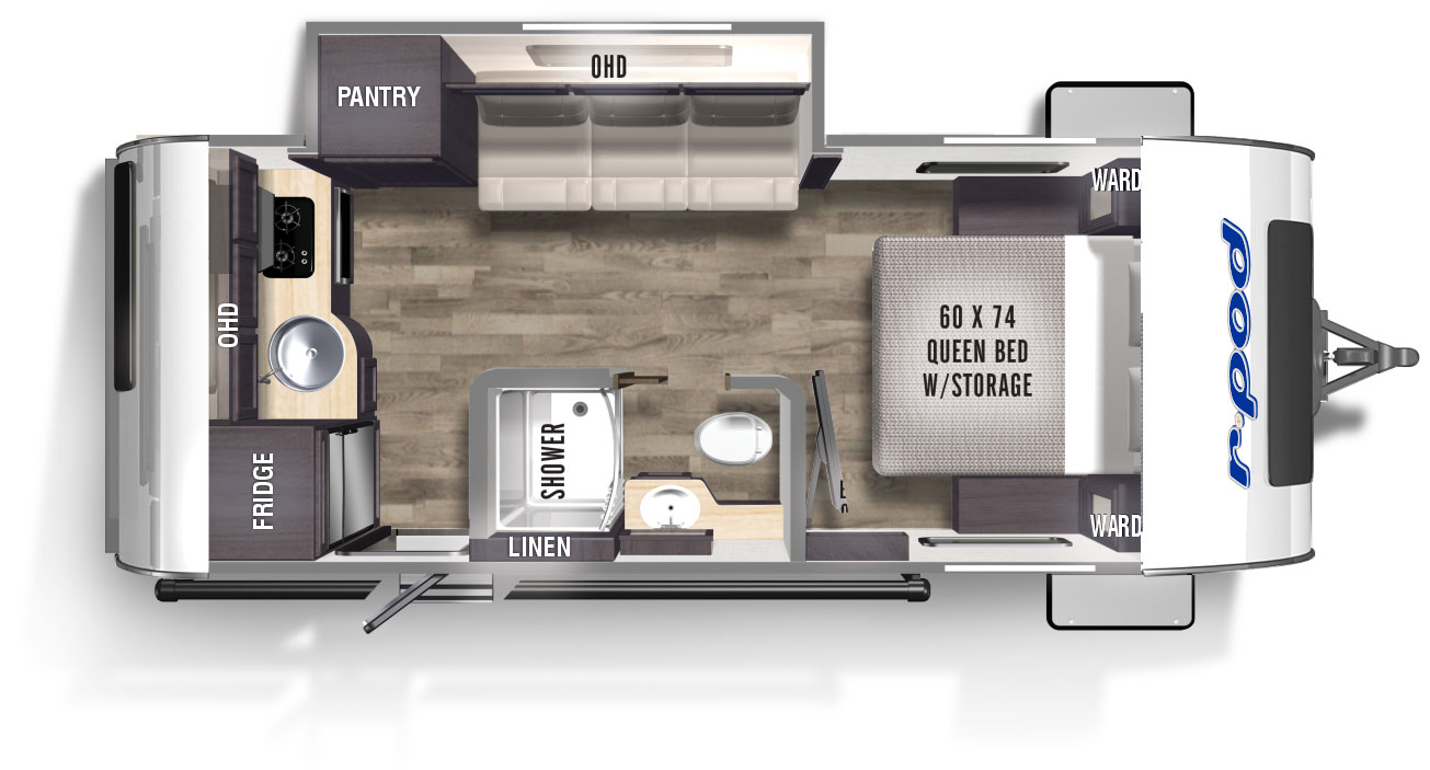 The RP-196 has one slideout and one entry. Interior layout front to back: front queen bed with storage and wardrobes on each side, off-door side slideout with seating, overhead cabinet and pantry, door side full bathroom, entry, and rear kitchen counter with sink, cooktop, overhead cabinet, and refrigerator.