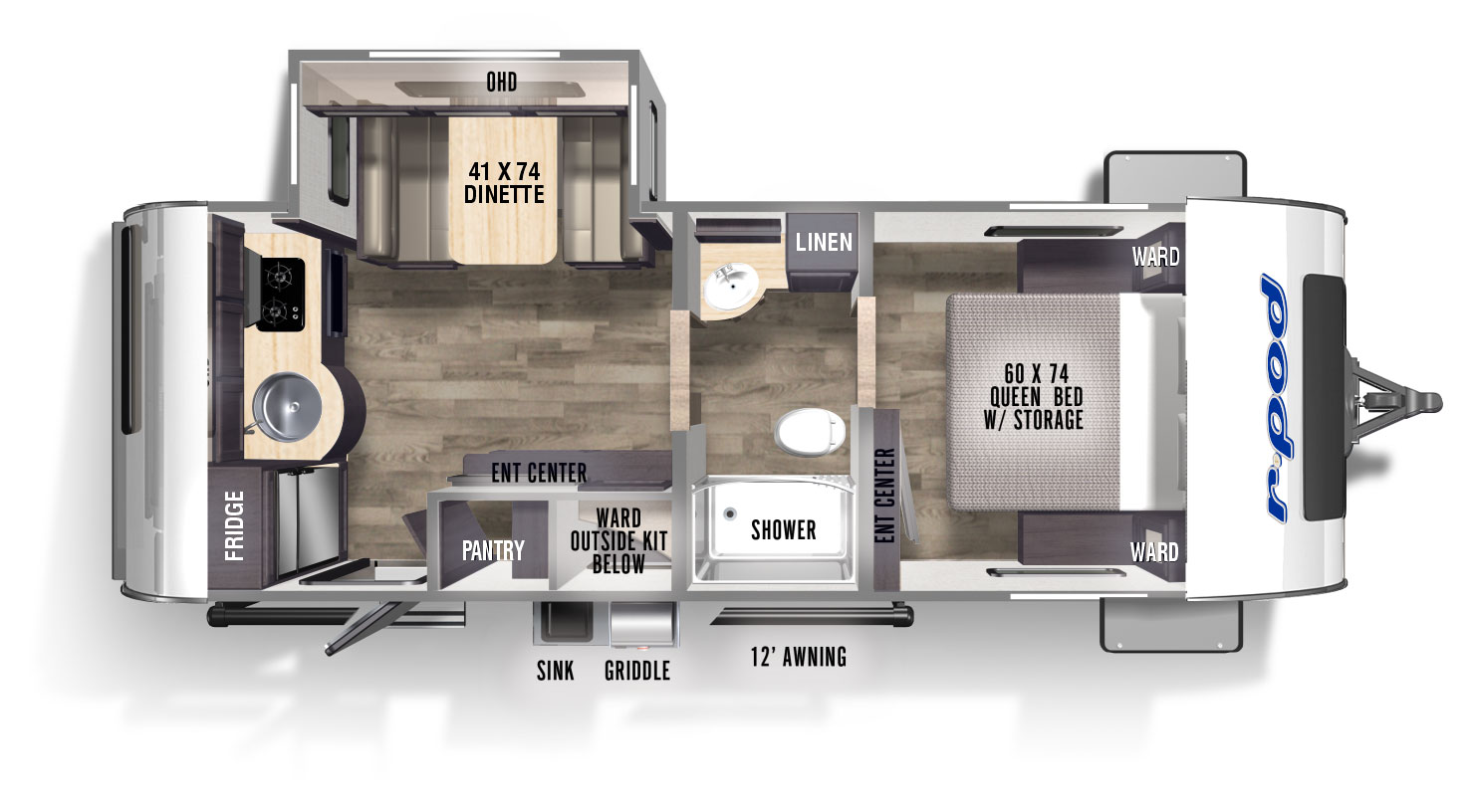 The RP-202 has one slideout and one entry door. Exterior features a 12 foot awning and sink and griddle. Interior layout front to back: queen bed with storage, wardrobes on each side and entertainment center; pass through split full bathroom with linen closet;  off-door side slideout with dinette and overhead cabinet; door side entertainment center, wardrobe, pantry and entry; rear kitchen counter with sink and cooktop, overhead cabinet and refrigerator.