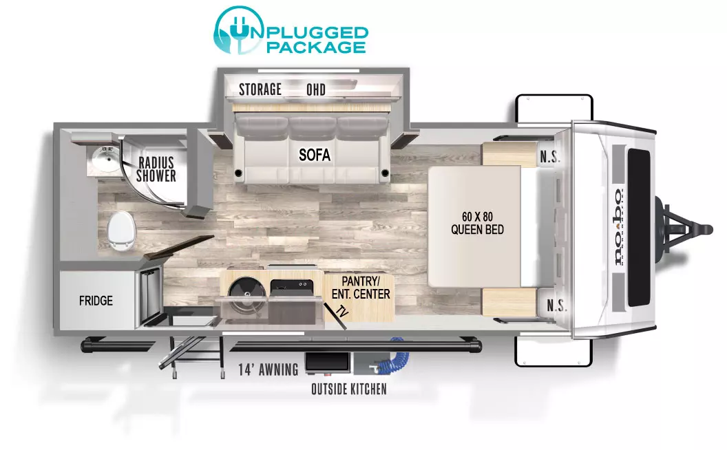 The NB19.5 has one slide out and one entry door. Exterior features a 14 foot awning, front storage and outside kitchen. Interior layout from front to back: 60 x 80 queen bed with night stands on each side and overhead cabinet; an off-door side slideout with sofa, storage and overhead cabinet; door side kitchen with pantry, entertainment center, TV, cooktop stove, sink and overhead cabinet; rear door side refrigerator with entry door in front of it; rear off-door side bathroom.