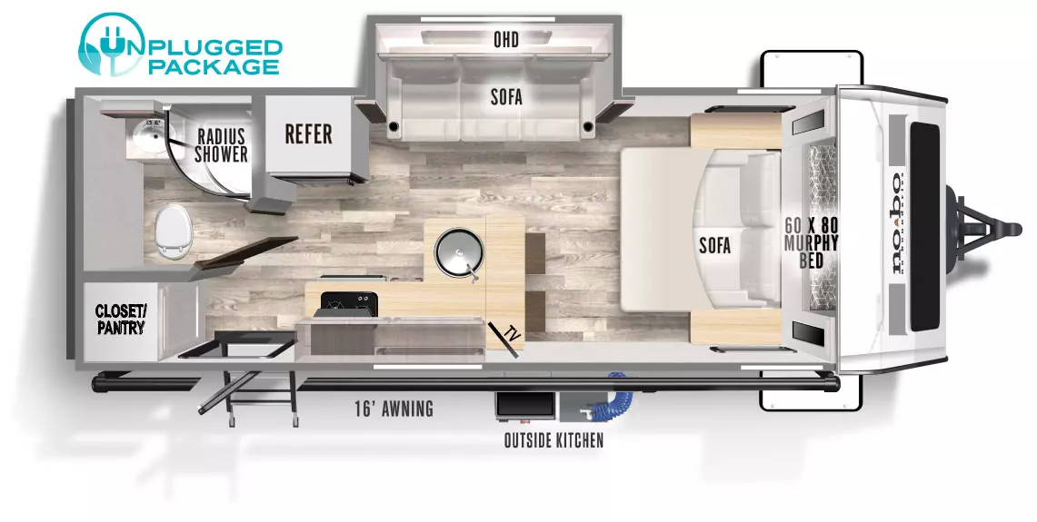 The NB19.6 has one slideout and one entry door. Exterior features a 16 foot awning, front storage and outside kitchen. Interior layout from front to back: 60 x 80 Murphy bed that converts into a sofa; off-door side slideout with sofa and overhead cabinet; door side L-shaped kitchen with TV, barstools, sink, overhead cabinets, and cooktop stove; off-door side refrigerator; rear door side closet/pantry with entry in front; rear off-door side bathroom with radius shower.