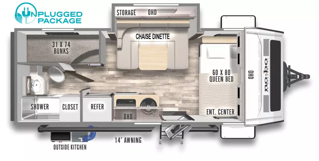 The NB19.8 has one slideout on the off-door side and one entry door. Exterior features a 14 foot awning, front storage and outside kitchen. Interior layout from front to back: side facing 60 x 80 queen bed with entertainment center and overhead cabinet; off-door side slideout with chaise dinette, storage and overhead cabinet; door side kitchen with sink, cooktop oven, overhead cabinet, and refrigerator; rear door side bathroom with closet; rear off-door side 31 x 74 bunks.