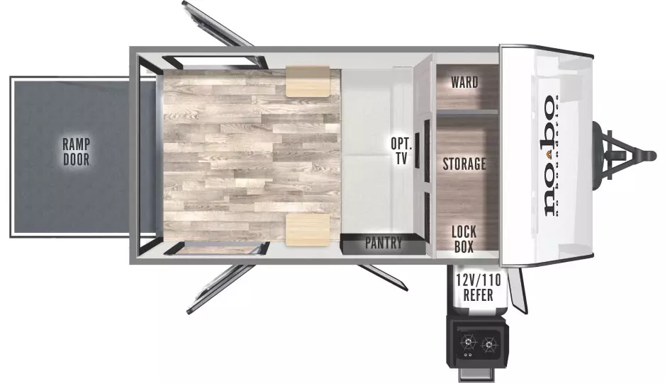 The NB10.6 has no slide outs and 2 entry doors, one on the door side and one on the off-door side at the rear. Exterior features include an outside kitchen with 12V/110 refrigerator with cooktop on the door side near the front. Interior layout from front to back: front cabinets with a wardrobe, storage area and lock box; door side pantry; optional TV; and ramp door in the rear.