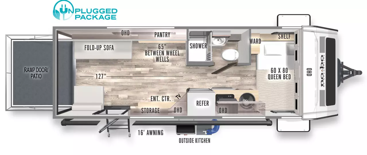 The NB19.1 has no slideouts, one entry door and one rear ramp door. Exterior features include a 16 foot awning, front storage, outside kitchen and ramp door/patio. Interior layout from front to back: side facing 60 x 80 queen bed with overhead cabinets, wardrobe and shelf; an off-door side bathroom; a door side kitchen with sink, cooktop stove, overhead cabinet and refrigerator; rear cargo area with 65 inches between the wheel wells and 127 inches from the rear of the trailer to the kitchen; fold-up sofa on the off-door side, entertainment center on the door side, and a pantry with overhead cabinet on the off-door side.