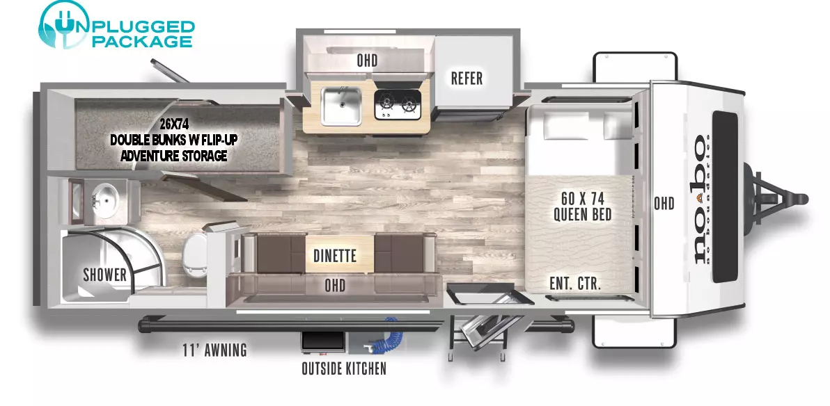 The NB16.6 has one slide out on the off-door side and one entry door. Exterior features an 11 foot awning, front storage, and outside kitchen. Interior layout from front to back: side facing 60 x 74 queen bed in the front with overhead cabinetry and entertainment center; an off-door side slideout with refrigerator, cooktop, sink and overhead cabinet; door side dinette with overhead cabinet; rear door side bathroom; rear off-door side double bunks with flip up adventure storage.