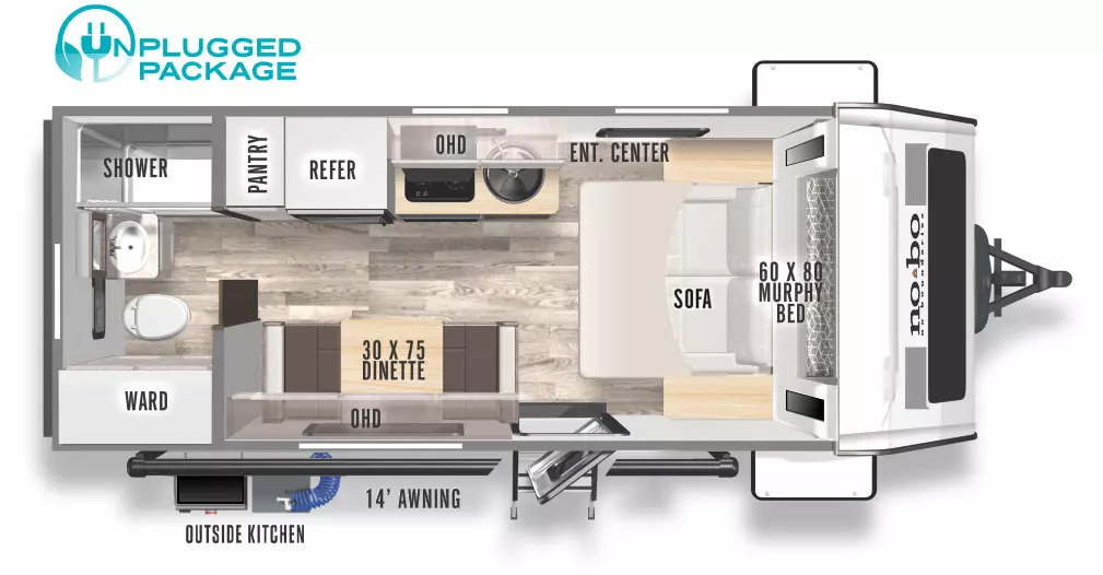 The NB19.2 has zero slideouts and one entry door. Exterior features include a 14 foot awning, front storage and outside kitchen. Interior layout from front to back: 60 x 80 Murphy bed in the front that converts to a sofa; off-door side entertainment center; off-door side kitchen with sink, cooktop stove, overhead cabinets, refrigerator and pantry; door side dinette with overhead cabinets; rear bathroom with wardrobe.