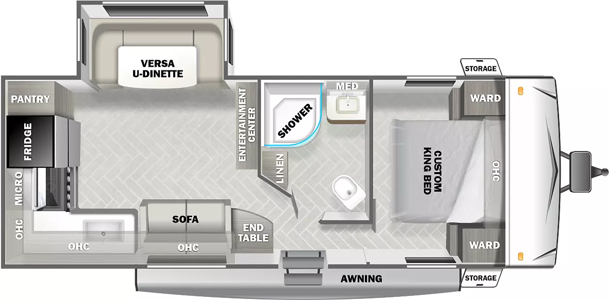 The 23RK has one slide out on the off-door side, one entry door on the door side, and a 16' awning. Interior layout from front to back: front bedroom containing foot facing queen bed, overhead cabinet, and wardrobes on either side of the bed; entry across from the side aisle bathroom shower, toilet, sink, medicine cabinet and linen cabinet; entertainment center with door side sofa, end table and overhead cabinet across from the off-door side slideout with U-Dinette; rear kitchen with sink, stove, microwave, overhead cabinets, refrigerator and pantry. 