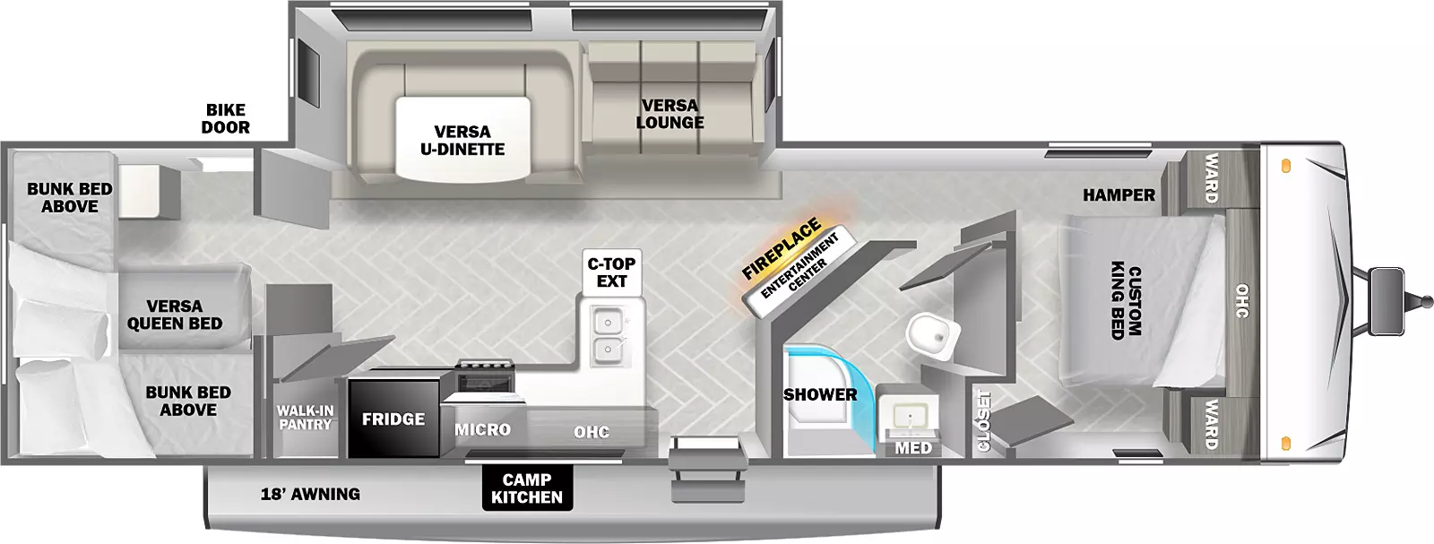 The 29VBUD has one slide out on the off-door side, one entry door on the door side, exterior camp kitchen, and an 18' awning. Interior layout from front to back: front bedroom containing foot facing queen bed, hamper, closet, overhead cabinet, and wardrobes on either side of the bed; side aisle bathroom with shower, toilet, sink, and medicine cabinet on the door side; entertainment center with fireplace below across from the off-door side slideout with Versa Lounge; entry door kitchen sink, overhead cabinets, microwave, stove, refrigerator and walk-in pantry on the door side; rear bunkhouse with bunk beds above, versa queen bed below and a bike door access on the off-door side. 