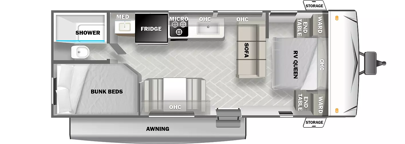 The 268BH has zero slideouts and one entry. Exterior features an awning and front storage. Interior layout front to back: bed with overhead cabinet and end tables and wardrobes on each side; sofa along inner wall; off-door side overhead cabinet, kitchen counter, microwave, refrigerator and bathroom sink with medicine cabinet; door side entry, dinette, and overhead cabinet; rear door side bunk beds; rear off-door side shower and toilet only.