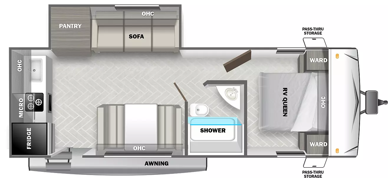 The T228RK has 1 slide out on the off-door side and 1 entry door. Exterior features include an awning and front pass-through storage. Interior layout from front to back includes a front bedroom with RV Queen bed, opposing side wardrobes and overhead cabinet; door side bathroom with shower, toilet and vanity; off-door side slide out holding a pantry, sofa and overhead cabinet; door side dinette; rear wall kitchen with refrigerator, overhead microwave, stovetop, sink and overhead cabinet.