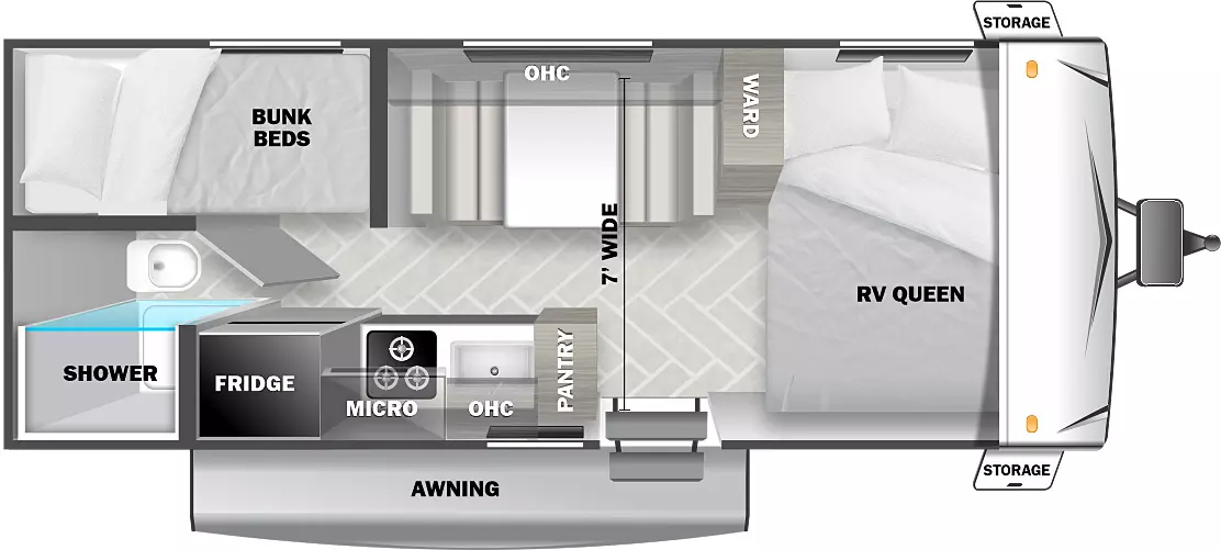 The 177BQ has zero slideouts and one entry. Exterior features include an awning and front storage. Interior layout front to back: bed and wardrobe; off-door side dinette and overhead cabinet; door side entry, pantry, overhead cabinet, microwave, kitchen counter, and refrigerator; rear off-door side bunk beds; rear door side shower and toilet only. 7 foot wide.