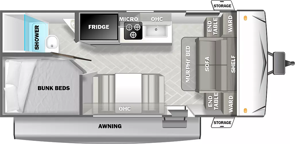 The 178DB has zero slideouts and one entry. Exterior features include an awning and front storage. Interior layout front to back: murphy bed/sofa with shelf above, and end tables and wardrobes on each side; off-door side kitchen counter, overhead cabinet, microwave and refrigerator; door side entry, dinette and overhead cabinet; off-door side rear full bathroom; door side rear bunk beds.