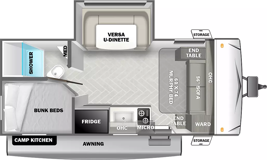 The 178BHSK has one slideout and one entry. Exterior features an awning and front storage. Interior layout front to back: murphy bed/sofa with overhead cabinet, end tables on both sides, and door side wardrobe; off-door side versa u-dinette; door side entry, kitchen counter, microwave, overhead cabinet, and refrigerator; rear off-door side full bathroom with medicine cabinet; rear door side bunk beds.