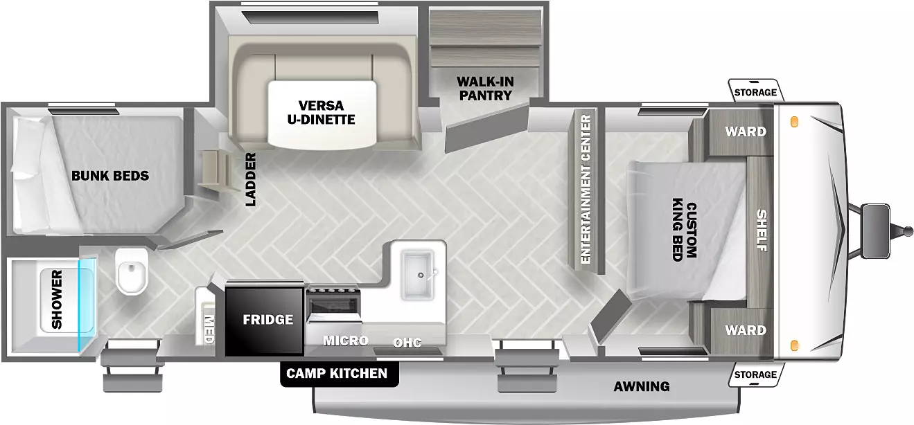 The 242BHXL has one slideout and two entries. Exterior features include an awning and front storage. Interior layout front to back: bed with shelf above and wardrobes on each side; entertainment center along inner wall; off-door side slideout with walk-in pantry and versa u-dinette; door side entry, peninsula kitchen counter that wraps to the door side with overhead cabinet, microwave and refrigerator; rear door side full bathroom with medicine cabinet and second entry; rear off-door side bunk beds.