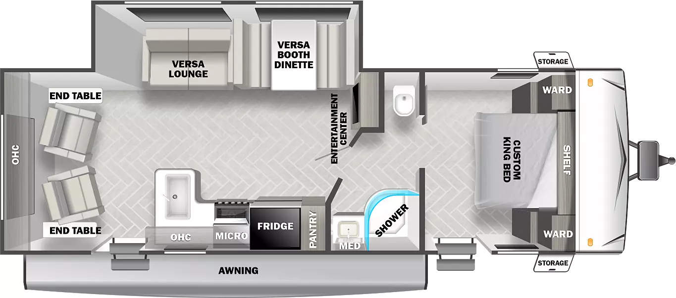 The 254RLXL has one slideout and two entries. Exterior features an awning and front storage. Interior layout front to back: bed with shelf above, wardrobes on each side, and entry door; split bathroom with toilet on off-door side and shower and sink with medicine cabinet on door side; off-door side entertainment center along inner wall, and slideout with versa booth dinette and versa lounge; door side pantry, refrigerator, microwave, overhead cabinet, peninsula kitchen counter, and main entry door; rear seating with overhead cabinet and end tables on each side.