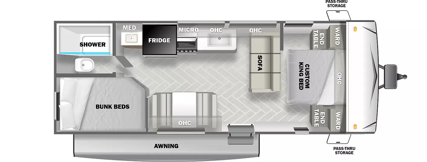 The 261BHXL has zero slideouts and one entry. Exterior features an awning and front storage. Interior layout front to back: bed with overhead cabinet and wardrobes and end tables on each side; sofa along inner wall; off-door side overhead cabinet, kitchen counter, microwave, refrigerator, and bathroom with with medicine cabinet; door side entry, dinette and overhead cabinet; rear off-door side bathroom with shower and toilet only; rear door side bunk beds.