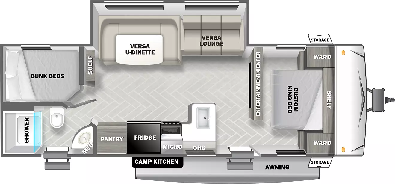 The 263BHXL has one slideout and two entries. Exterior features an awning and front storage. Interior layout front to back: bed with shelf above and wardrobes and on each side; entertainment center along inner wall; off-door side slideout with versa lounge and versa u-dinette; door side entry, peninsula kitchen counter that wraps to door side with overhead cabinet, microwave, refrigerator and pantry; rear off-door side shelf and bunk beds; rear door side full bathroom with medicine cabinet and second entry.