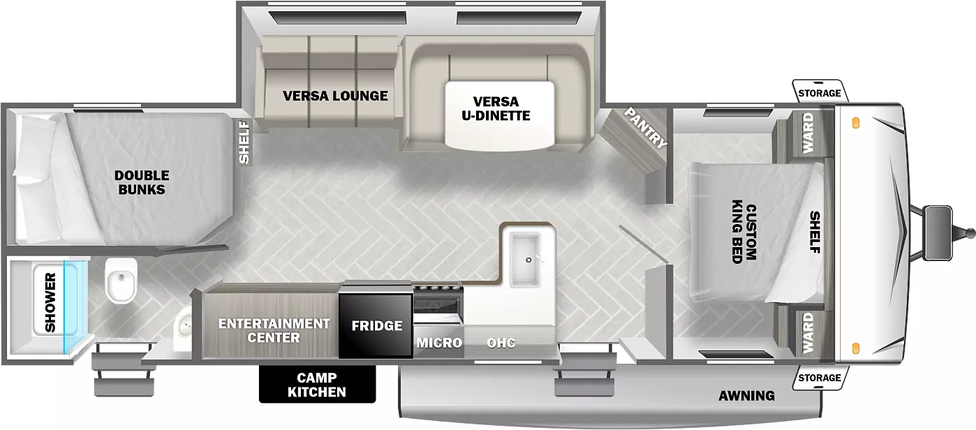 The 271BHXL has one slideout and two entries. Exterior features a camp kitchen, awning, and front storage. Interior layout front to back: bed with shelf above and wardrobes on each side; off-door side pantry and slideout with versa u-dinette and versa lounge; door side entry, peninsula kitchen counter that wraps to door side with overhead cabinet, microwave, refrigerator, and entertainment center; rear off-door side shelf and double bunks; rear door side full bathroom with second entry.