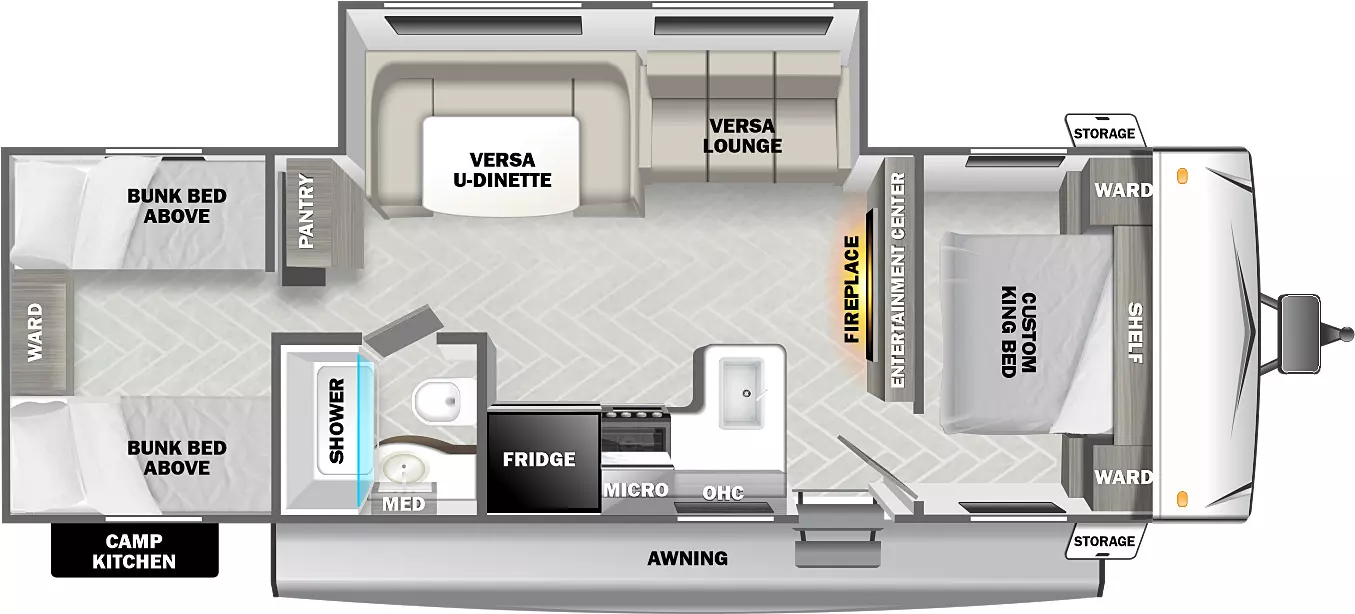 The 282QBXL has one slideout and one entry. Exterior features a camp kitchen, awning, and front storage. Interior layout front to back: bed with shelf above and wardrobes on each side; entertainment center with fireplace below along inner wall; off-door side slideout with versa lounge and versa dinette, and pantry; door side entry, peninsula kitchen counter wraps to the door side with overhead cabinet, microwave and refrigerator; door side full bathroom with medicine cabinet; rear bunk room with opposing bunks beds and rear wardrobe.