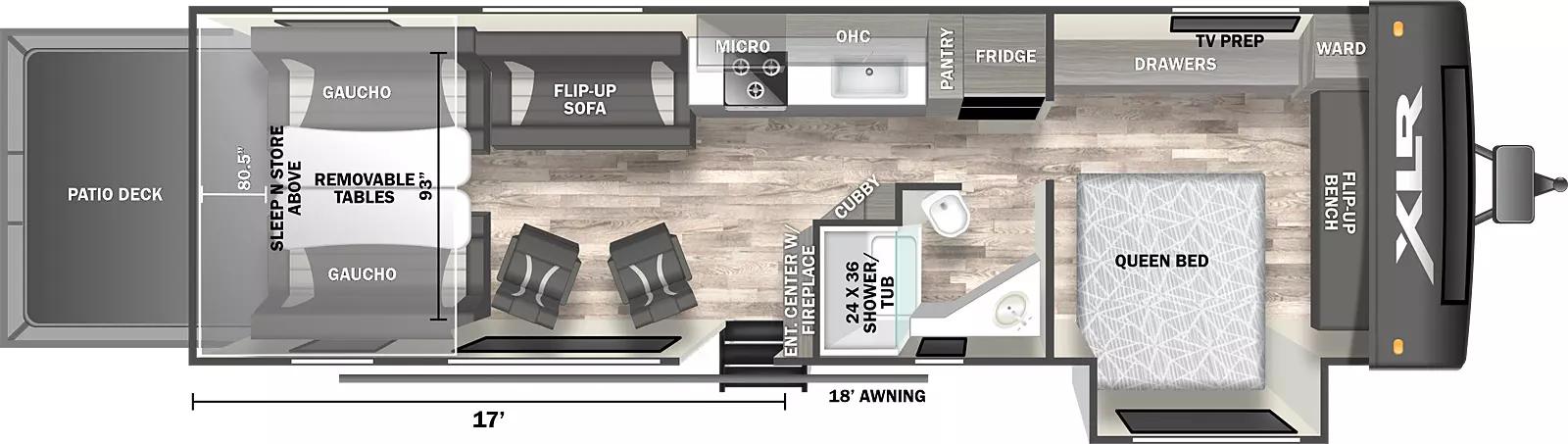 The 3517 has one slideout and one entry. Exterior features include 18 foot awning, and rear ramp door patio deck. Interior layout front to back: front flip-up bench and wardrobe, off-door side drawers and TV prep, door side queen bed slideout; off-door side refrigerator, pantry, kitchen counter with sink, overhead cabinet, cooktop and microwave; door side full bathroom; cubby and entertainment center with fireplace along inner wall; door side entry and two chairs; off-door side flip-up sofa; rear opposing gaucho couches with removeable tables and sleep n store above. Garage dimensions: 17 feet from rear to entertainment center; 93 inches from door side to off-door side; 80. 5 inch height.