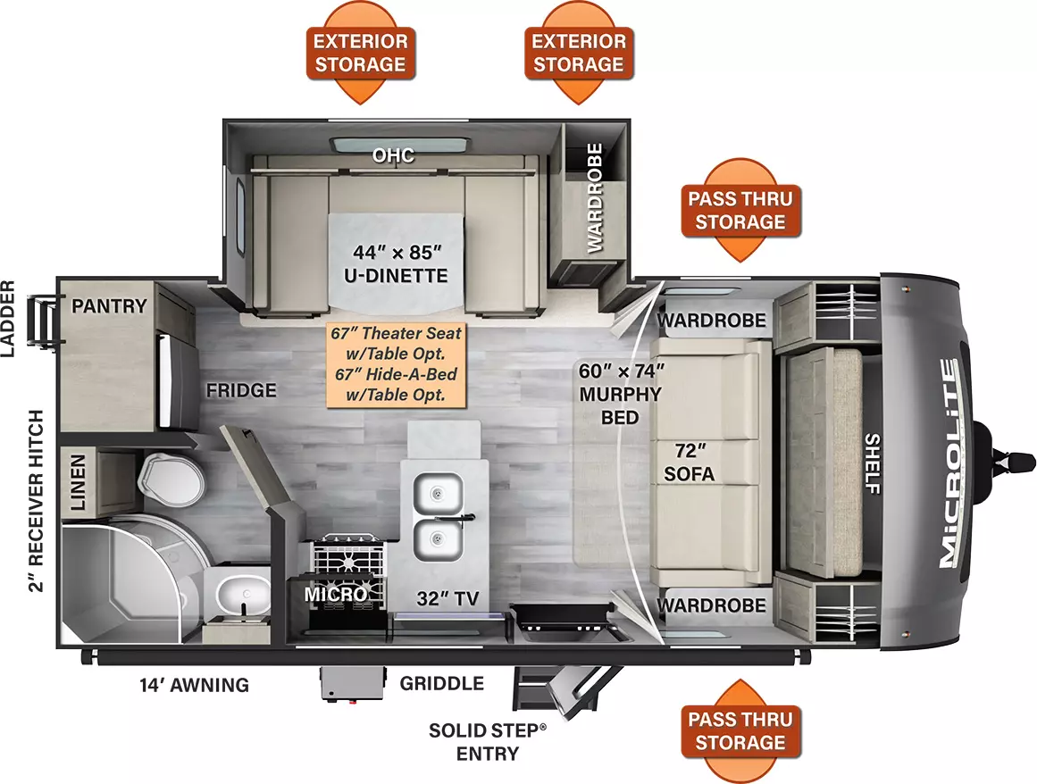 The 21DS has one slide out on the off-door side, along with one entry door. Exterior features include a 14 foot awning, front pass thru storage, griddle, rear ladder, 2" receiver hitch, and off-door side exterior storage. Interior layout from front to back: front bedroom with 60 x 74 inch murphy bed, 72 inch sofa, wardrobes on either side, and overhead shelf; off-door side slide out containing a u-dinette, overhead cabinets, and a wardrobe (theater seat or hide-a-bed sofa optional); kitchen living area with countertops with TV above, double sink, a stove, and a microwave; refrigerator, pantry, and bathroom in the rear.