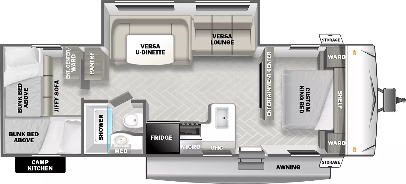 The 273QBXL has one slideout and one entry. Exterior features include a camp kitchen, awning and front storage; bed with shelf above and wardrobes on each side; entertainment center along inner wall; off-door side slideout with versa lounge and versa dinette, and pantry; door side entry, peninsula kitchen counter that wraps to door side with overhead cabinet, microwave and refrigerator; door side full bathroom with medicine cabinet; rear bunk room with rear jiffy sofa below with bunk above, off-door side entertainment center/wardrobe, and door side bunk above.