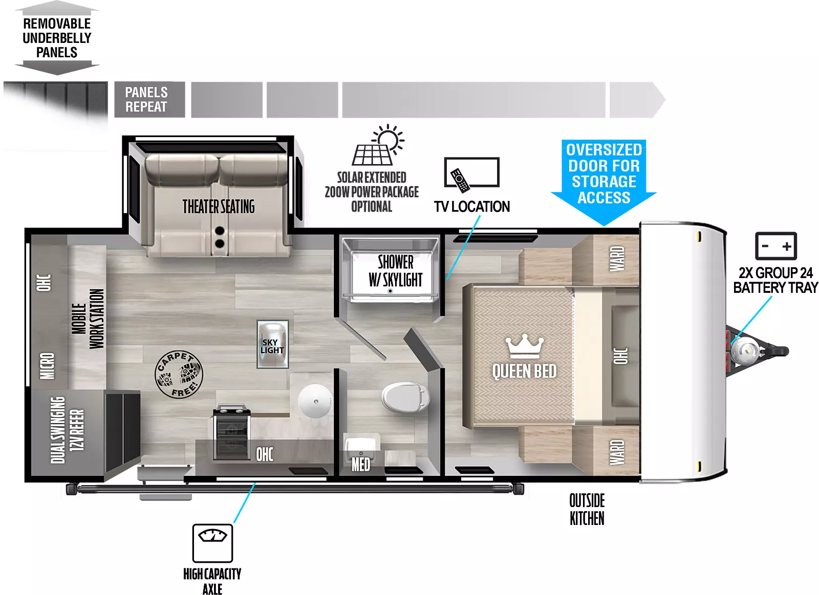 The 163RDSK has one slideout and one entry. Exterior features include removeable underbelly panels, optional solar extended 200W power package, exterior storage, front 2X group 24 battery tray, outside kitchen and high capacity axle. Interior layout front to back: carpet-free RV; queen bed with overhead cabinet, wardrobes on each side, and TV on the wall at the foot of the bed; pass through full bathroom with toilet, sink and medicine cabinet on door side, and shower with skylight on off-door side; off-door side theater seating slideout; skylight, kitchen counter with sink wraps along inner wall to door side with cooktop and overhead cabinets, and entry door; rear dual swinging 12V refrigerator, microwave, overhead cabinet, and mobile work station.