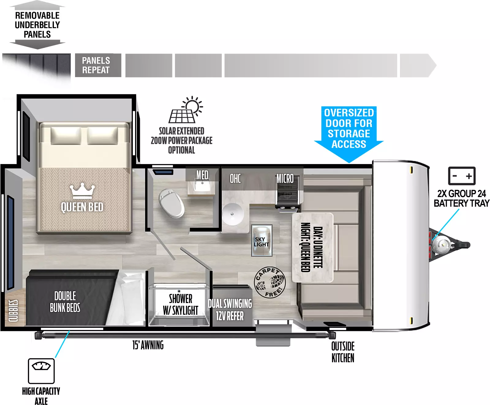 the 176QBHK has one slideout and one entry. Exterior features removeable underbelly panels, optional solar extended 200W power package, storage, high capacity axle, 15 foot awning, outside kitchen, and front 2X group 24 battery tray. Interior layout front to back: carpet-free RV; u-dinette converts to queen bed; kitchen counter with cooktop wraps along inner wall with sink, microwave, and overhead cabinet; door side entry, dual swinging 12V refrigerator, and skylight; pass-through full bathroom with toilet, sink and medicine cabinet on off-door side, and shower with skylight on door side; rear off-door side queen bed slideout; rear door side double bunk beds with cubbies.