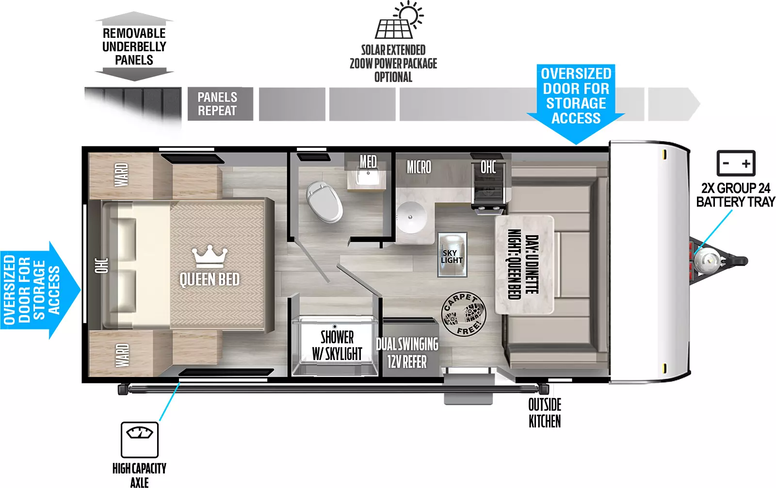 The 161QK has zero slideouts and one entry. Exterior features removeable underbelly panels, optional solar extended 200W power package, high capacity axle, outside kitchen, front 2X group 24 battery tray, and front and rear storage. Interior layout front to back: carpet-free RV; u-dinette converts to queen bed; off-door side kitchen counter with cooktop and sink wraps to inner wall, and overhead cabinet and microwave; door side entry, dual swinging 12V refrigerator, and skylight; pass through full bathroom with toilet, sink and medicine cabinet on off-door side, and shower on door side; rear queen bed with overhead cabinet and wardrobes on each side.