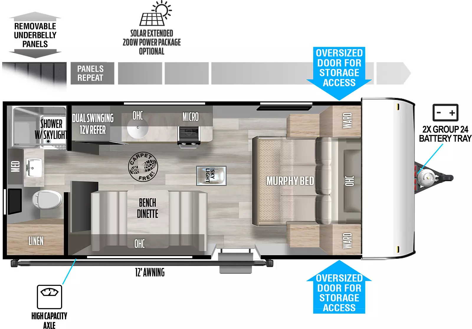 The 167RBK has zero slideouts and one entry. Exterior features removeable underbelly panels, optional solar extended 200W power package, storage, 2X group 24 battery tray, 12 foot awning, and high capacity awning. Interior layout front to back: carpet-free RV; murphy bed with overhead cabinet and wardrobes on each side; off-door side kitchen counter with sink and cooktop, microwave, overhead cabinet, and dual swinging 12V refrigerator; door side entry, skylight, bench dinette, and overhead cabinet; rear full bathroom with linen closet, medicine cabinet, and shower skylight.