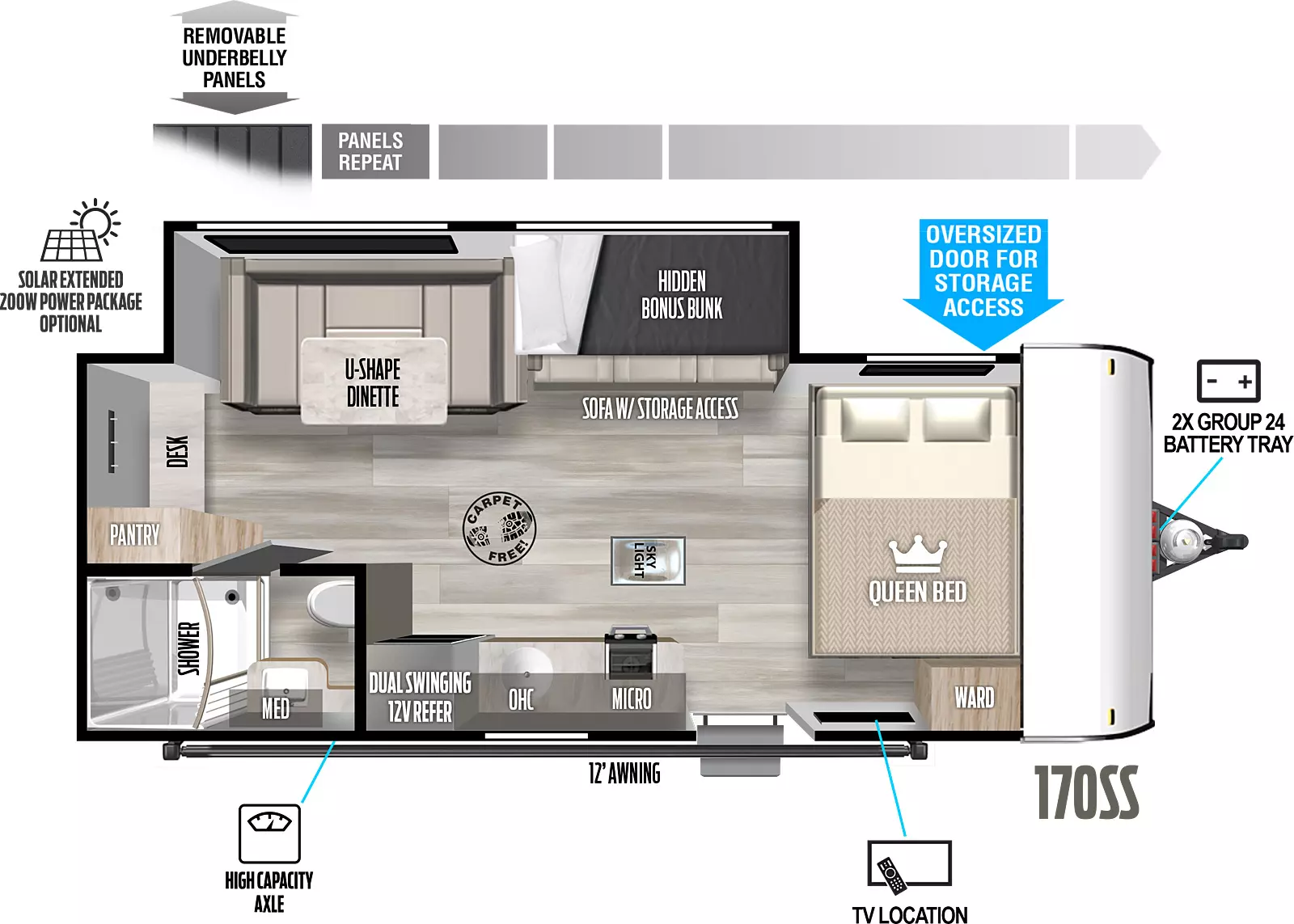 The 170SS has one slideout and one entry. Exterior features removeable underbelly panels, optional solar extended 200W power package, storage, high capacity axle, 12 foot awning, and front 2X group 24 battery tray. Interior layout front to back: carpet-free RV; side-facing queen bed, and door side wardrobe and TV;  off-door side slideout with sofa with storage access and hidden bonus bunk, and u-shaped dinette; door side entry, skylight, kitchen counter with cooktop and sink, microwave, overhead cabinet, and dual swinging 12V refrigerator; rear door side full bathroom with medicine cabinet; rear off-door side pantry and desk. 