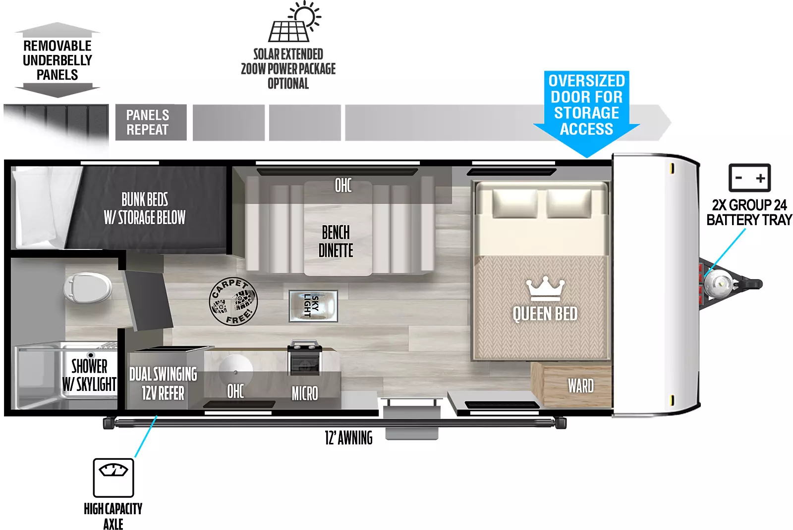 The 177BH has zero slideouts and one entry. Exterior features removeable underbelly panels, optional solar extended 200W power package, storage, high capacity axle, 12 foot awning, and front 2X group 24 battery tray. Interior layout front to back: carpet-free RV; side-facing queen bed with door side wardrobe; off-door side booth dinette with overhead cabinet and skylight; door side entry, kitchen counter with cooktop and sink, microwave, overhead cabinet, and dual swinging 12V refrigerator; rear off-door side bunk beds with storage below; rear door side bathroom with toilet, and shower with skylight only.