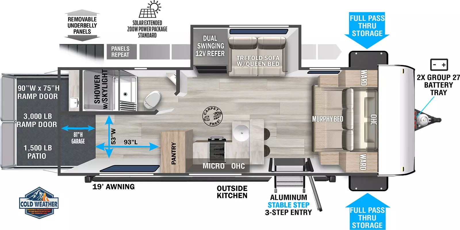 The 245VC has one slideout and one entry. Exterior features removeable underbelly panels, optional solar extended 200W solar package, front pass through storage, 19 foot awning, outside kitchen, aluminum stable step 3-step entry, front 2X group 27 battery tray, and rear ramp door. Interior layout front to back: carpet-free RV; murphy bed with overhead cabinet and wardrobe on each side; off-door side slideout with tri-fold sofa with queen bed, and dual swinging 12V refrigerator; door side entry, peninsula kitchen counter with sink that wraps to door side with cooktop, overhead cabinet, microwave, and pantry; rear off-door side full bathroom with skylight in shower; rear door side garage area. Garage dimensions: 81 inches garage height; 93 inches from ramp door to pantry, 53 inches from door side wall to bathroom wall; 1,500 lb. tie-downs, 3,000 lb 90 inch x 75 inch rear ramp door with 1,500 lb. patio capacity.