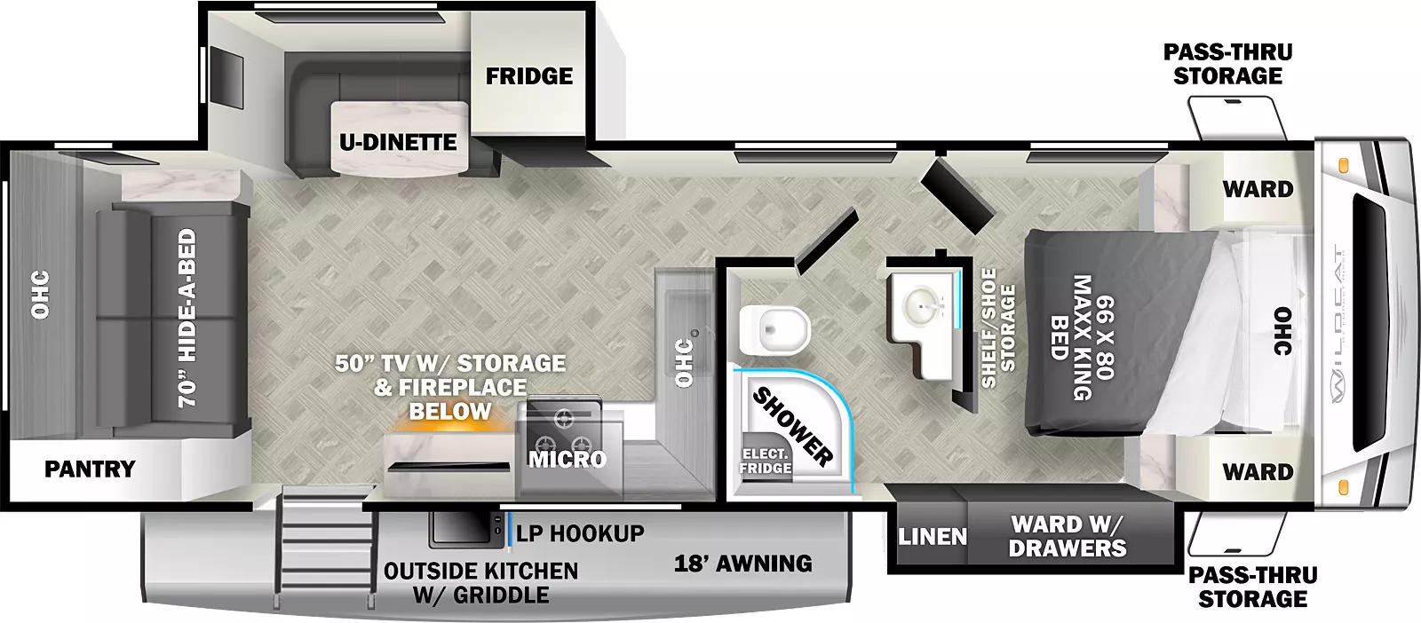 The 263RL has two slideouts and one entry. Exterior features front pass through storage, 18 foot awning, outside kitchen with griddle, and LP hookup. Interior layout front to back: maxx king bed with overhead cabinet and wardrobes on each side, and shelf/shoe storage; door side slideout with wardrobe with drawers and linen closet; door side pass through full bathroom; off-door side slideout with refrigerator and u-dinette; kitchen counter with sink and overhead cabinet along inner wall wraps to door side with microwave, cooktop, TV with storage and fireplace below, and entry; rear hide-a-bed sofa with overhead cabinet and pantry.