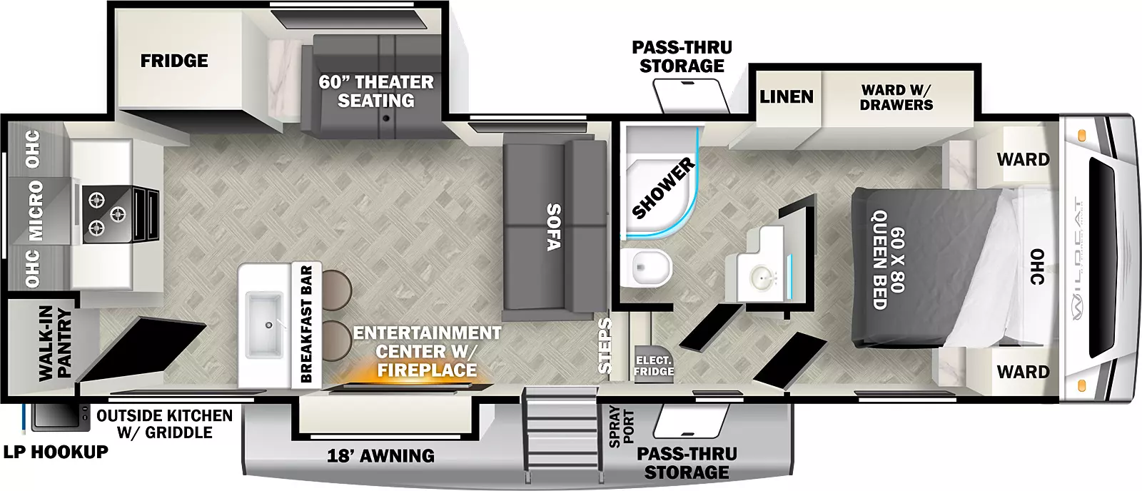 The 271ML has three slideouts and one entry. Exterior features mid pass through storage, spray port, 18 foot awning, LP hookup, and outside kitchen with griddle. Interior layout front to back: queen bed with overhead cabinet and wardrobes on each side; off-door side slideout with wardrobe with drawers, and linen closet; off-door side pass through full bathroom; two steps down to living area and entry; sofa along inner wall; door side slideout with entertainment center with fireplace, and a peninsula breakfast bar and sink countertop; off-door side slideout with theater seating and refrigerator; rear kitchen counter with cooktop, microwave, overhead cabinet, and walk-in pantry.
