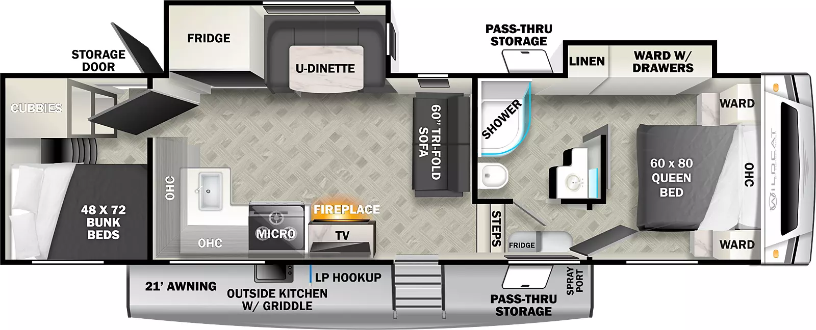 The 302BH has two slideout and one entry. Exterior features mid pass through storage, spray port, LP hookup, outside kitchen with griddle, 21 foot awning, and rear off-door side bunk room access storage door. Interior layout front to back: queen bed with overhead cabinet and wardrobes on each side; off-door side slideout with wardrobe with drawers and linen closet; off-door side full bathroom; two steps down to main living area and entry; tri-fold sofa along inner wall; off-door side slideout with u-dinette and refrigerator; door side TV, fireplace, microwave, cooktop, overhead cabinet, and kitchen counter that wraps to inner wall with sink; rear bunk room with door side bunk beds, cubbies and off-door side access door.
